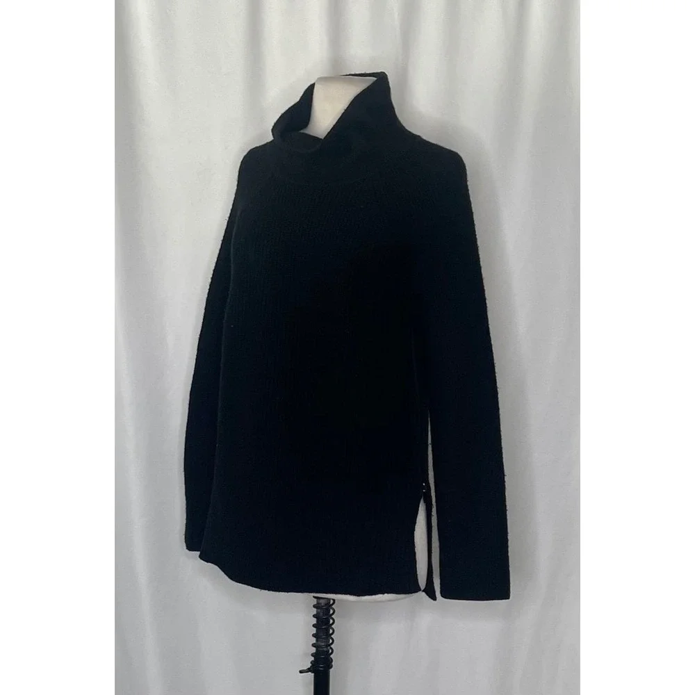 VINCE Cashmere Wool Ribbed Cowl Turtleneck Sweater Side Zipper Solid Black Small